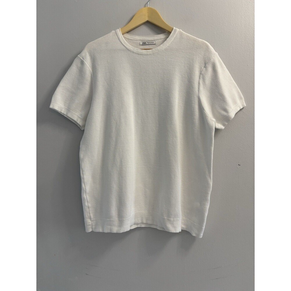 ZARA Men XL Off-White Textured Knit Short Sleeve T-Shirt 100% Cotton Minimalist - Picture 2 of 10